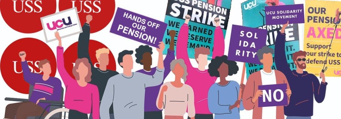Image shows protestors holding placards including “Hands off our pension!”