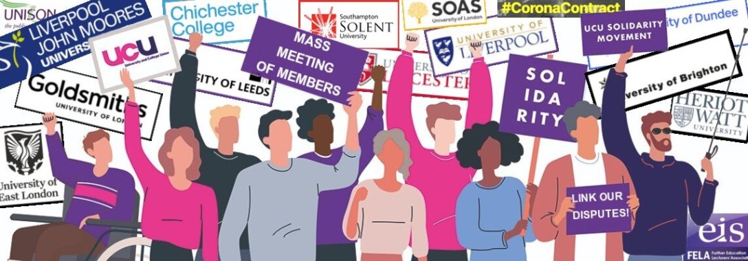 Illustration of a group of people holding UCU and UCU Solidarity Movement banners created by Anthony Bradbury, Imperial College. Augmented with logos from universities and colleges that have been in dispute.