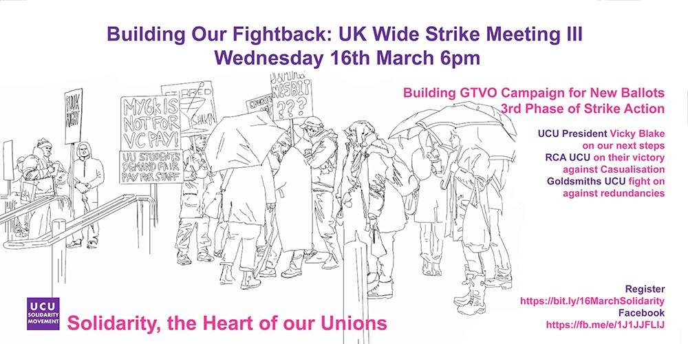 Image shows line drawing of picketers, and details of the meeting